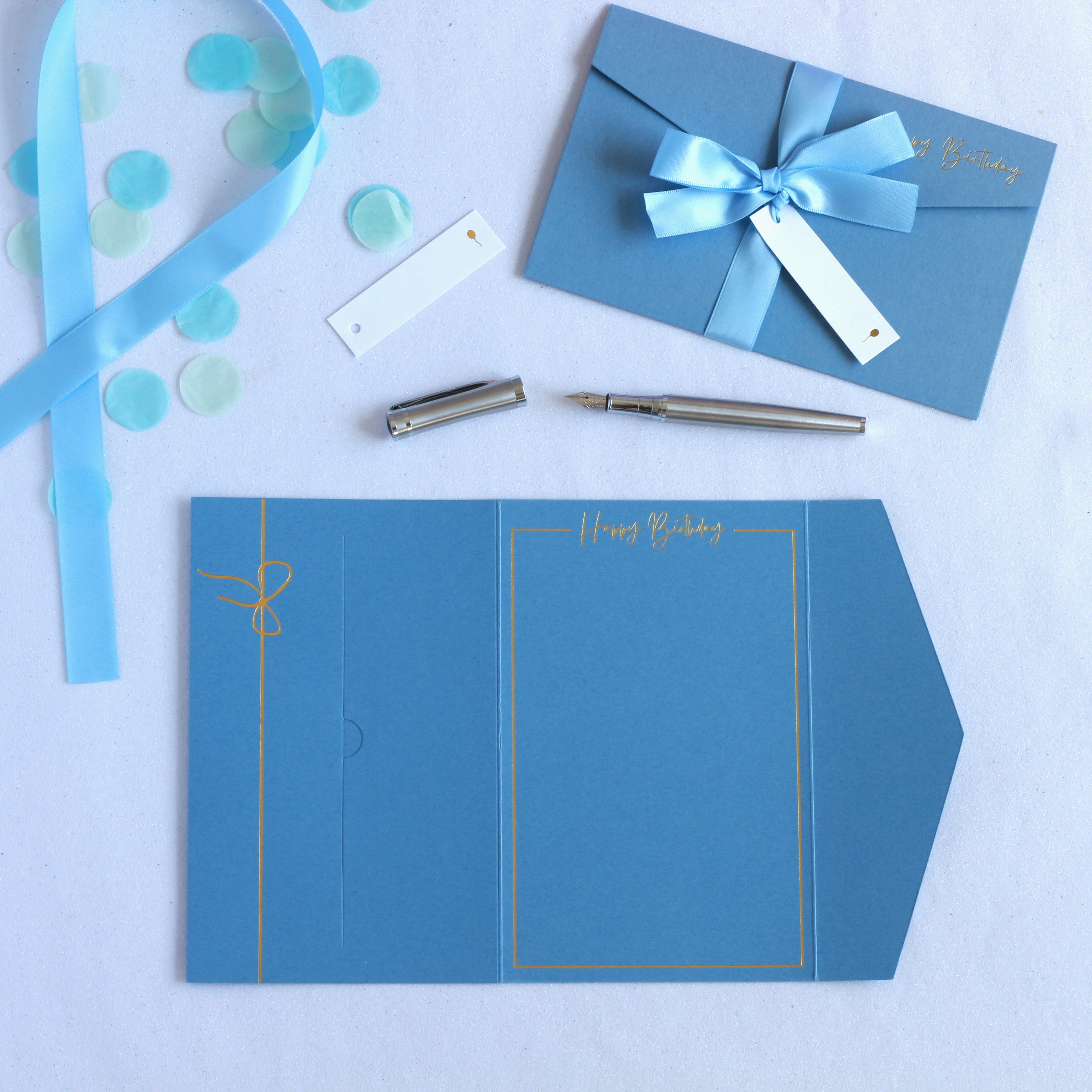 Beautiful blue luxury birthday money wallet with ribbon and white tag for 18th, 21st, 30th, 40th, 50th, 60th, 70th, 80th, 90th, 100th. Birthday money envelope, birthday money card