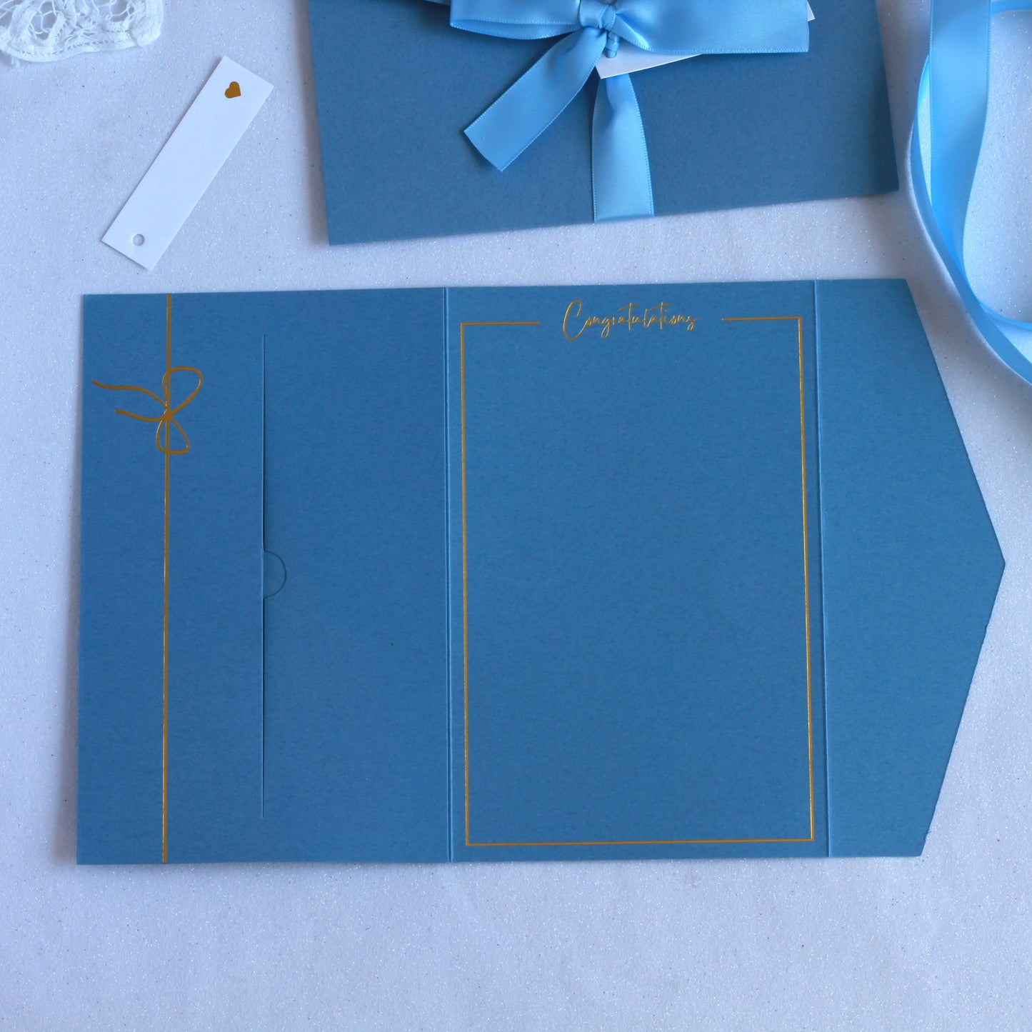 Inside of Blue Congratulations Money envelope for baby shower or graduation. Made for giving cash or gift card or gift voucher