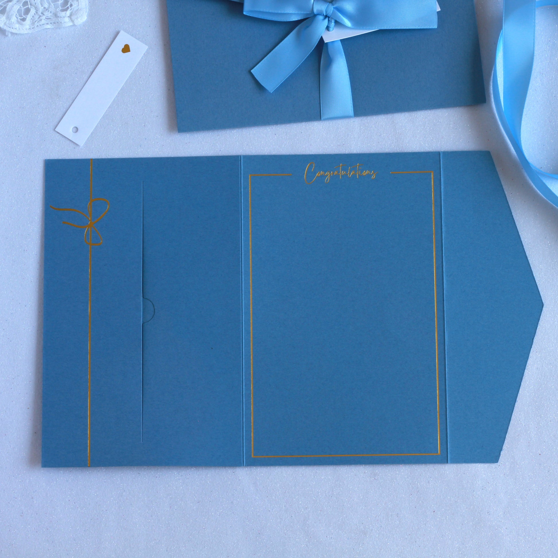 Inside of Blue Congratulations Money envelope for baby shower or graduation. Made for giving cash or gift card or gift voucher