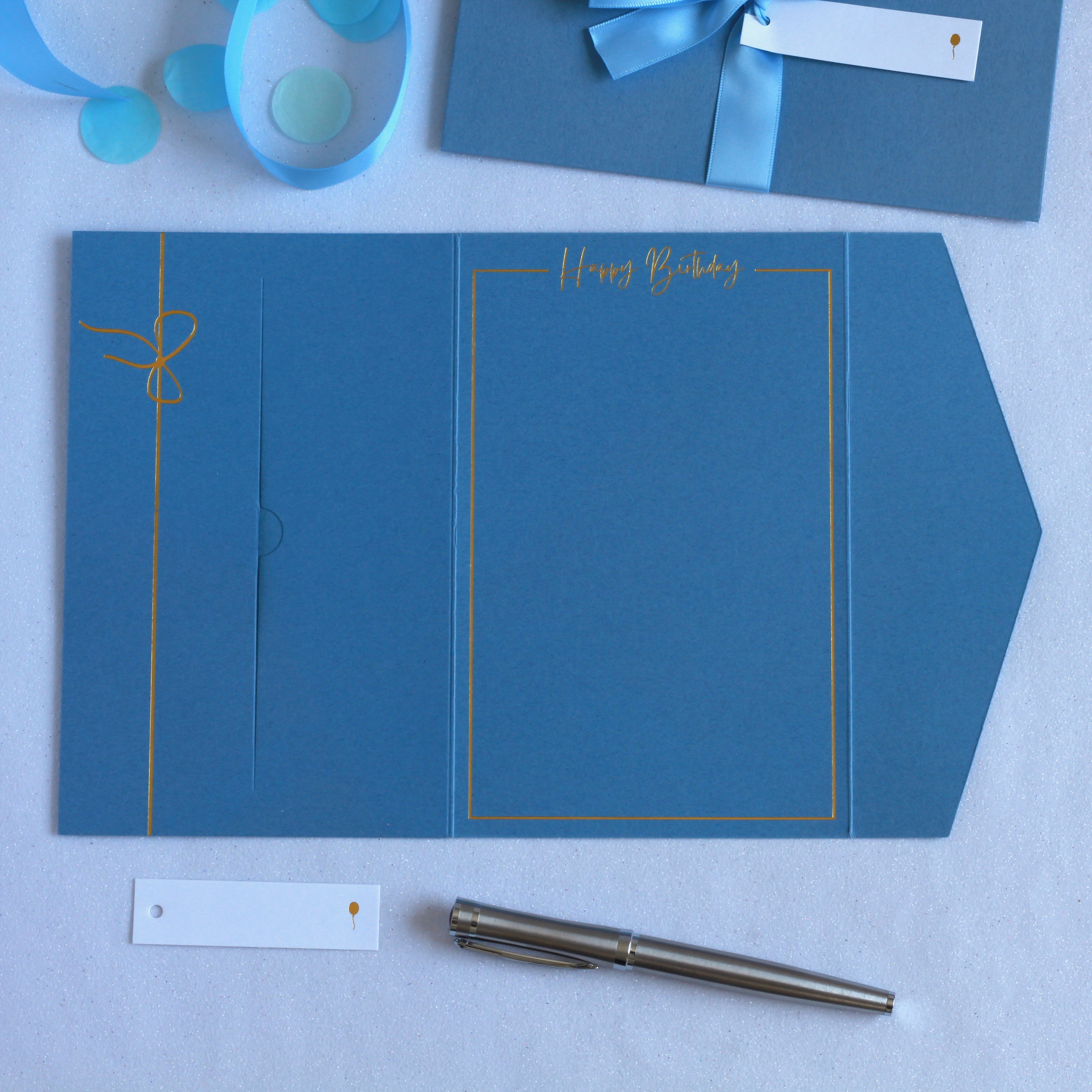 Beautiful blue luxury birthday money wallet with ribbon and white tag for 18th, 21st, 30th, 40th, 50th, 60th, 70th, 80th, 90th, 100th. Birthday money envelope, birthday money card