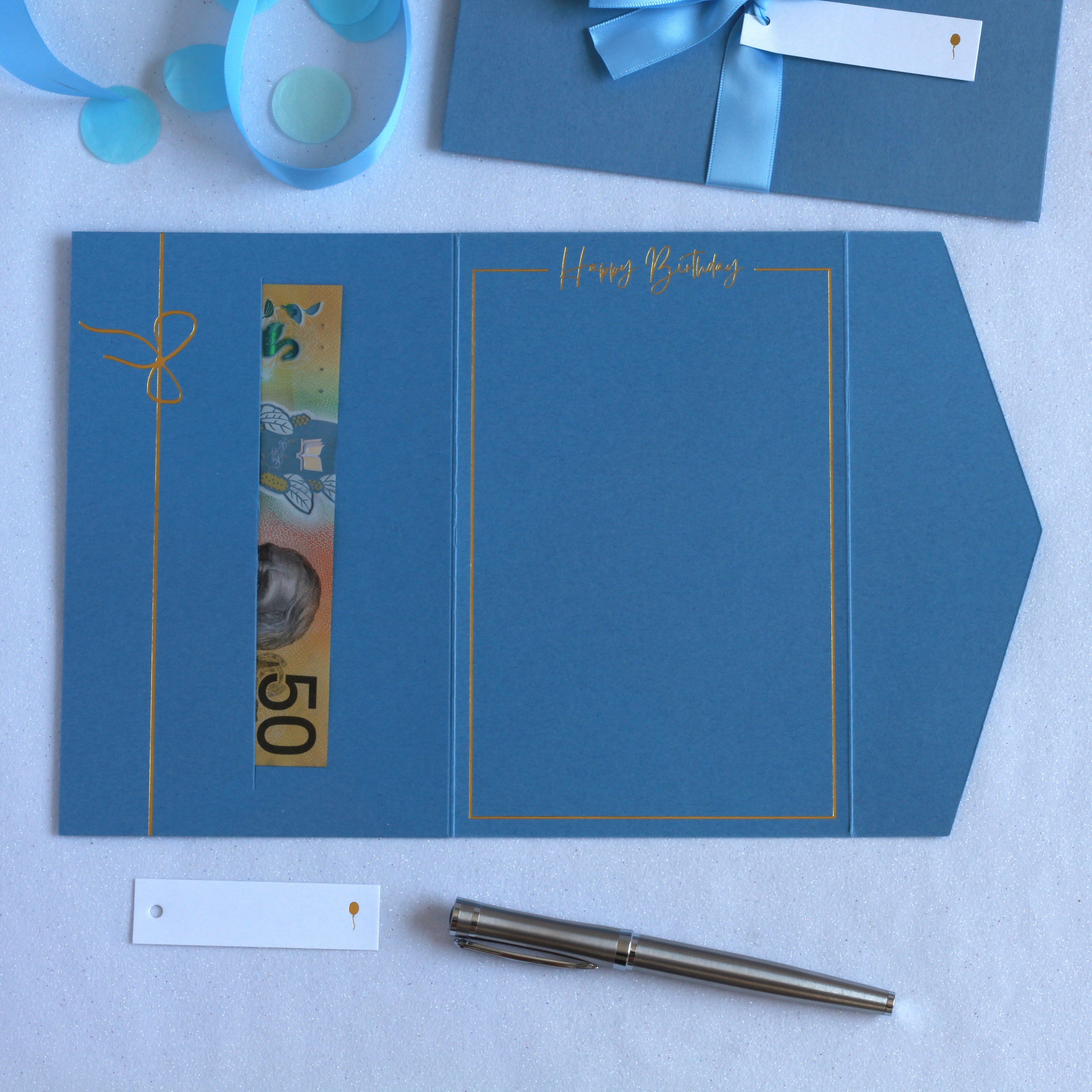 Beautiful blue luxury birthday money wallet with ribbon and white tag for 18th, 21st, 30th, 40th, 50th, 60th, 70th, 80th, 90th, 100th. Birthday money envelope, birthday money card