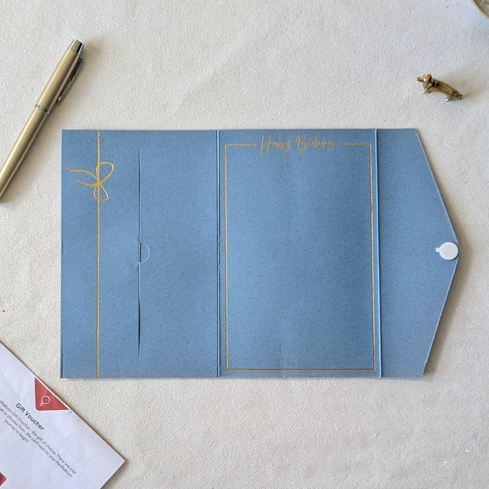 Blue birthday card with pocket for voucher, money or gift card.