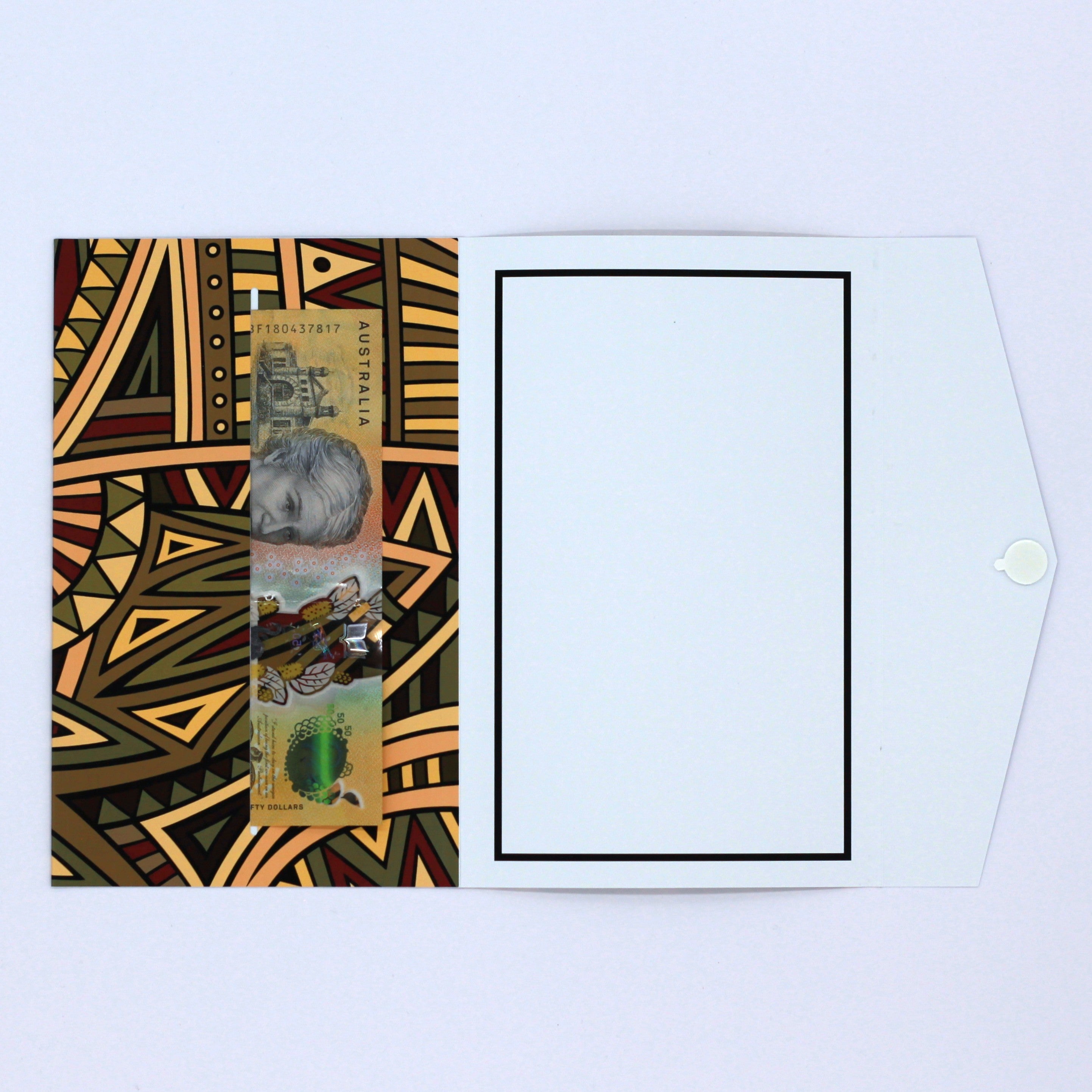 Brown and Green Polynesian tribal pattern pocket greeting card with cash in pocket. money greeting card for gifting cash