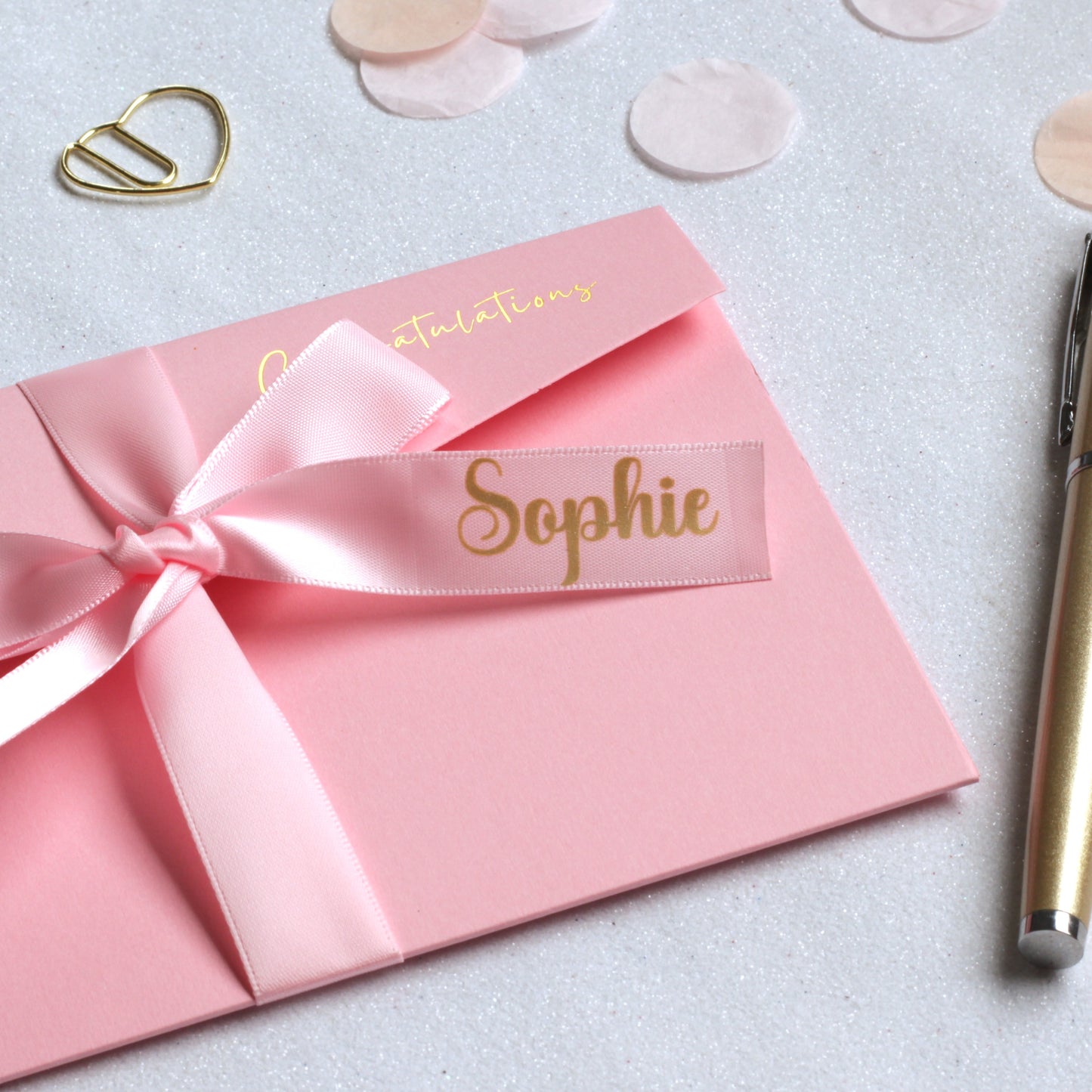 Next day delivery personalised card for giving money with name on the ribbon