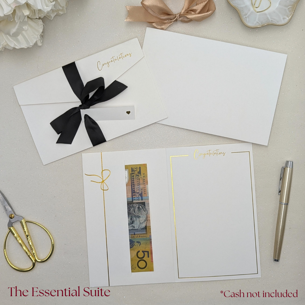 Wedding money wallet with pocket for the gift with black satin ribbon and tag for the names