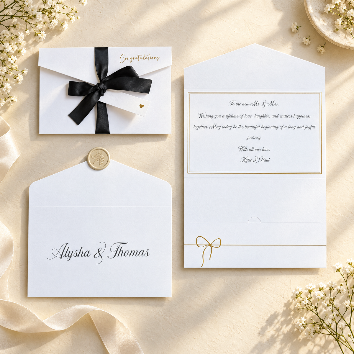 Wedding money wallet with pocket for the gift with black satin ribbon and tag for the names and custom envelope