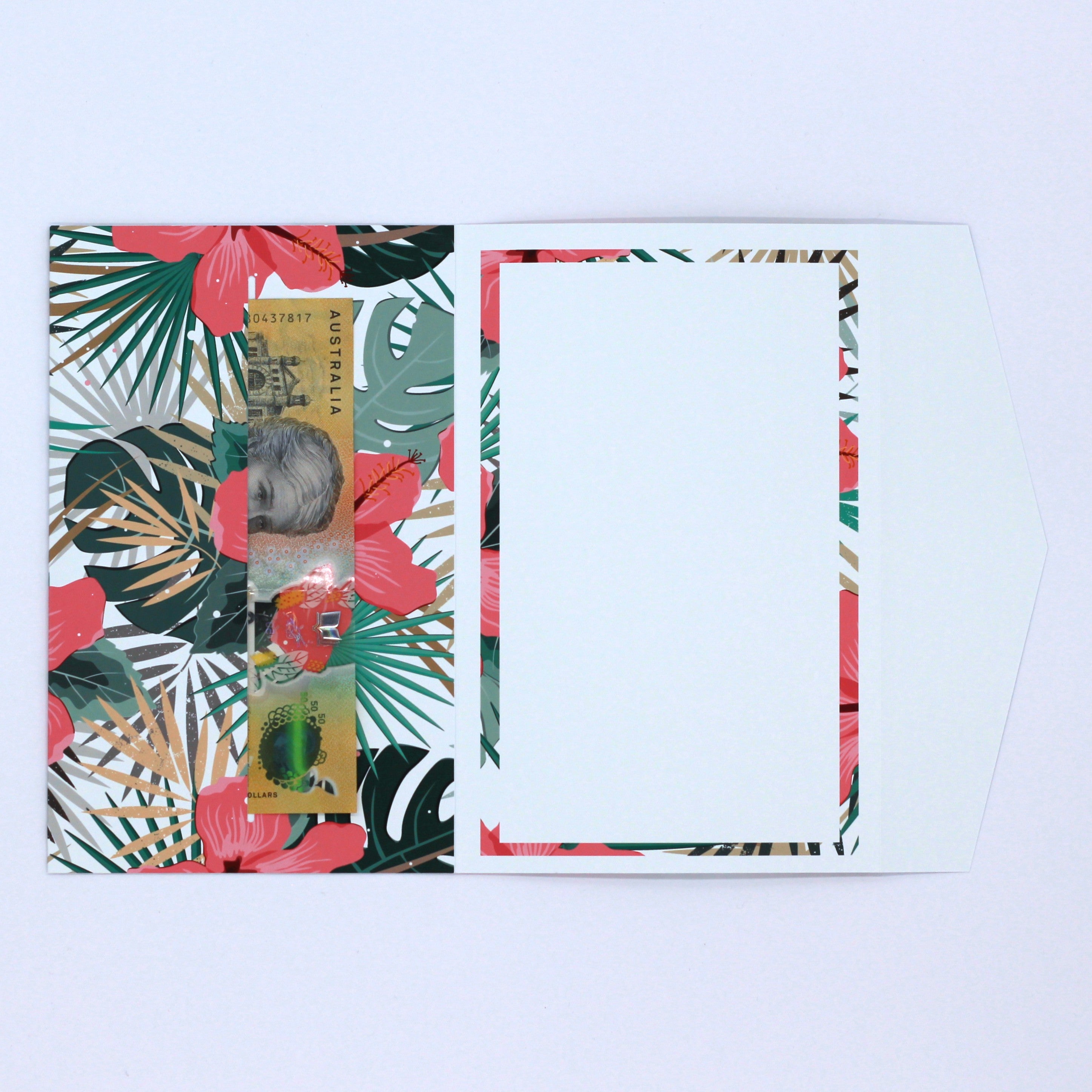 Floral Polynesian pattern pocket greeting card with cash in pocket for giving cash. Money envelope