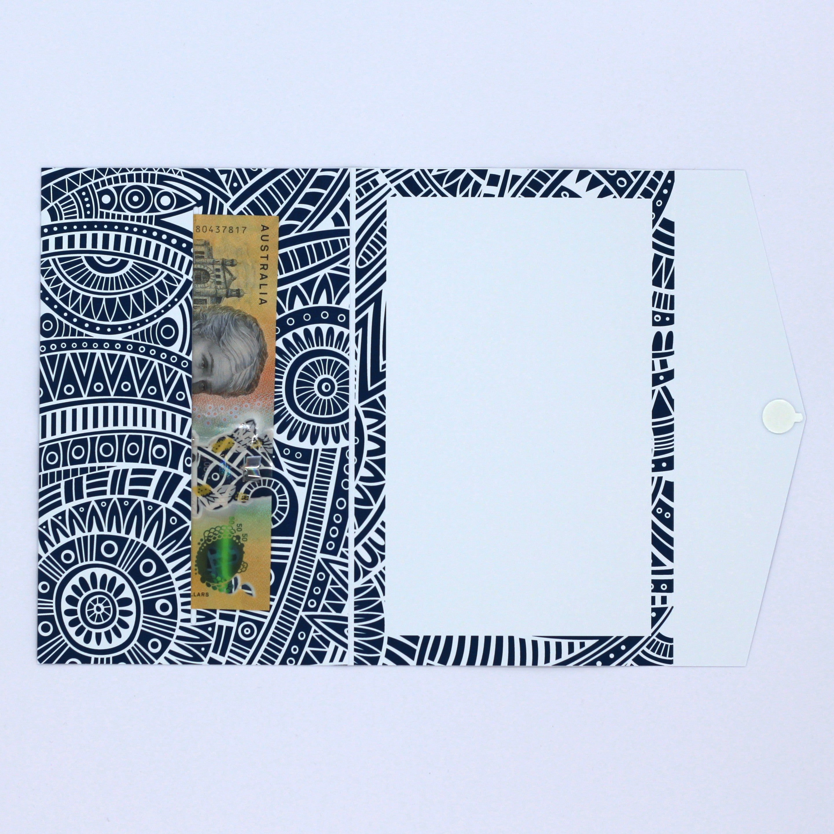 Inside Blue and white Polynesian tribal pattern pocket greeting card with cash. money envelope for giving cash