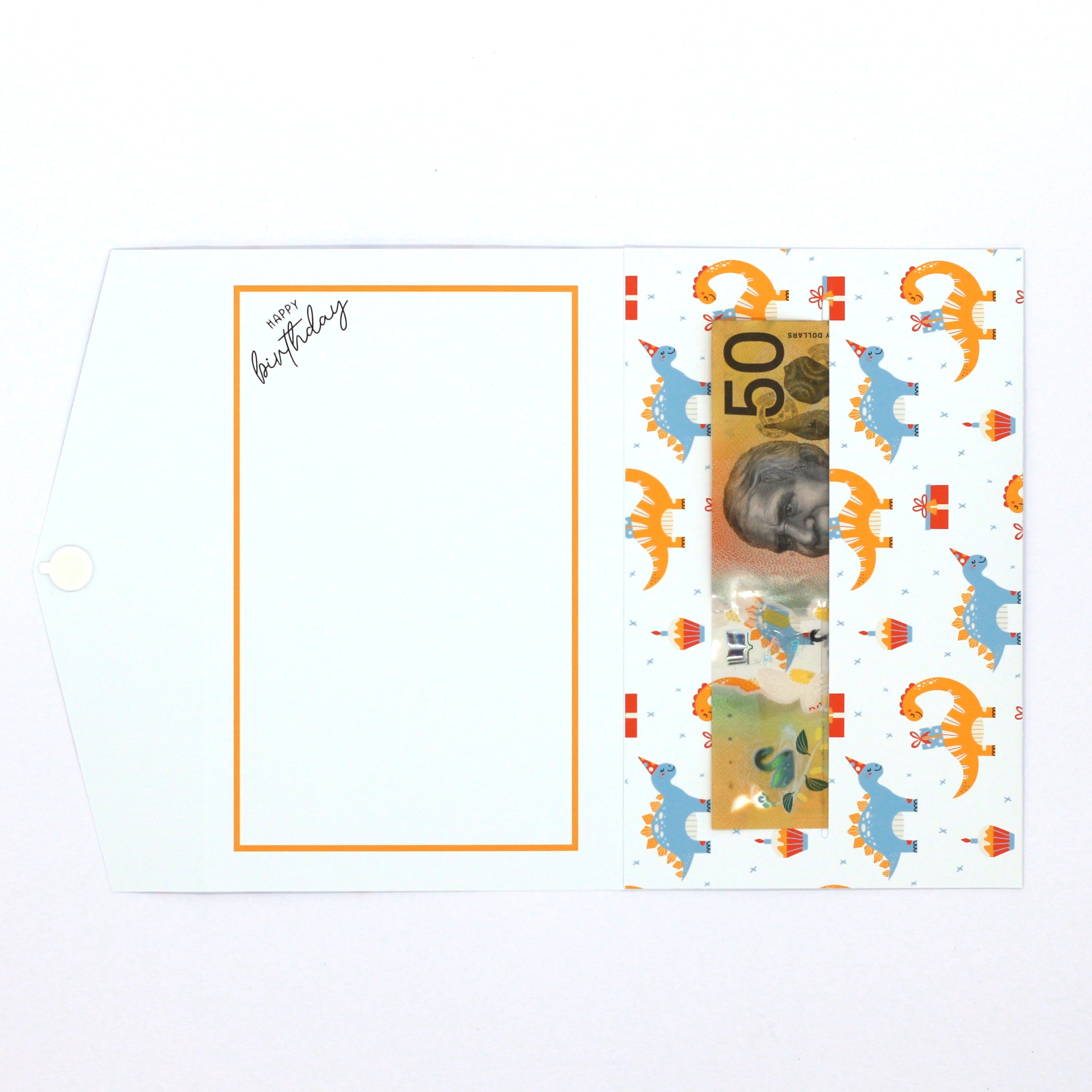 Inside of Handmade Dinosaur Design Kids Pocket Birthday Card with cash in pocket. Dinosaur Birthday money envelope. birthday money card, birthday money wallet, birthday money holder, birthday card with money inside
