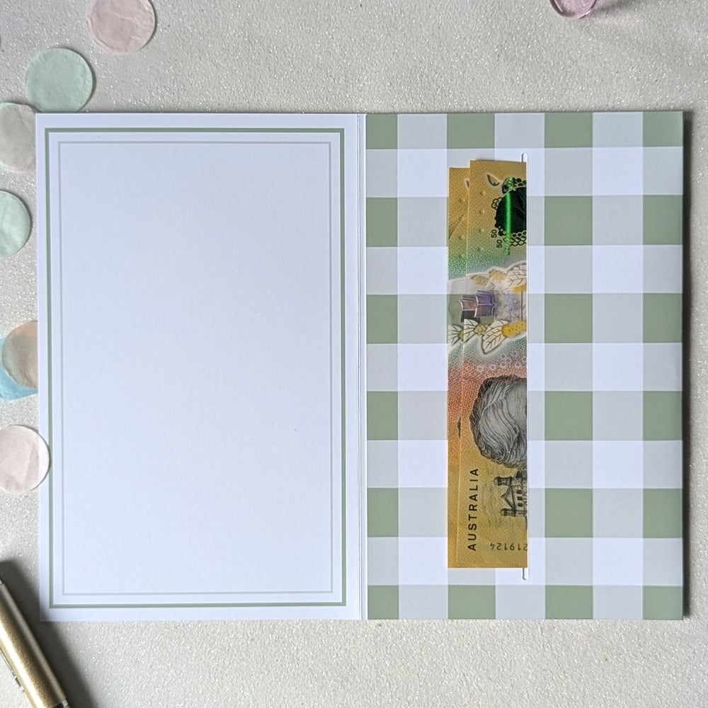 Keepsake baby shower gender neutral green card for giving money or voucher with cash in the gift pocket