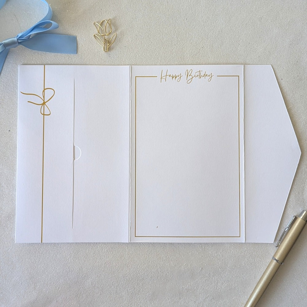 White birthday card with blue satin ribbon and gold foil with pocket for the gift voucher - Birthday gift envelope