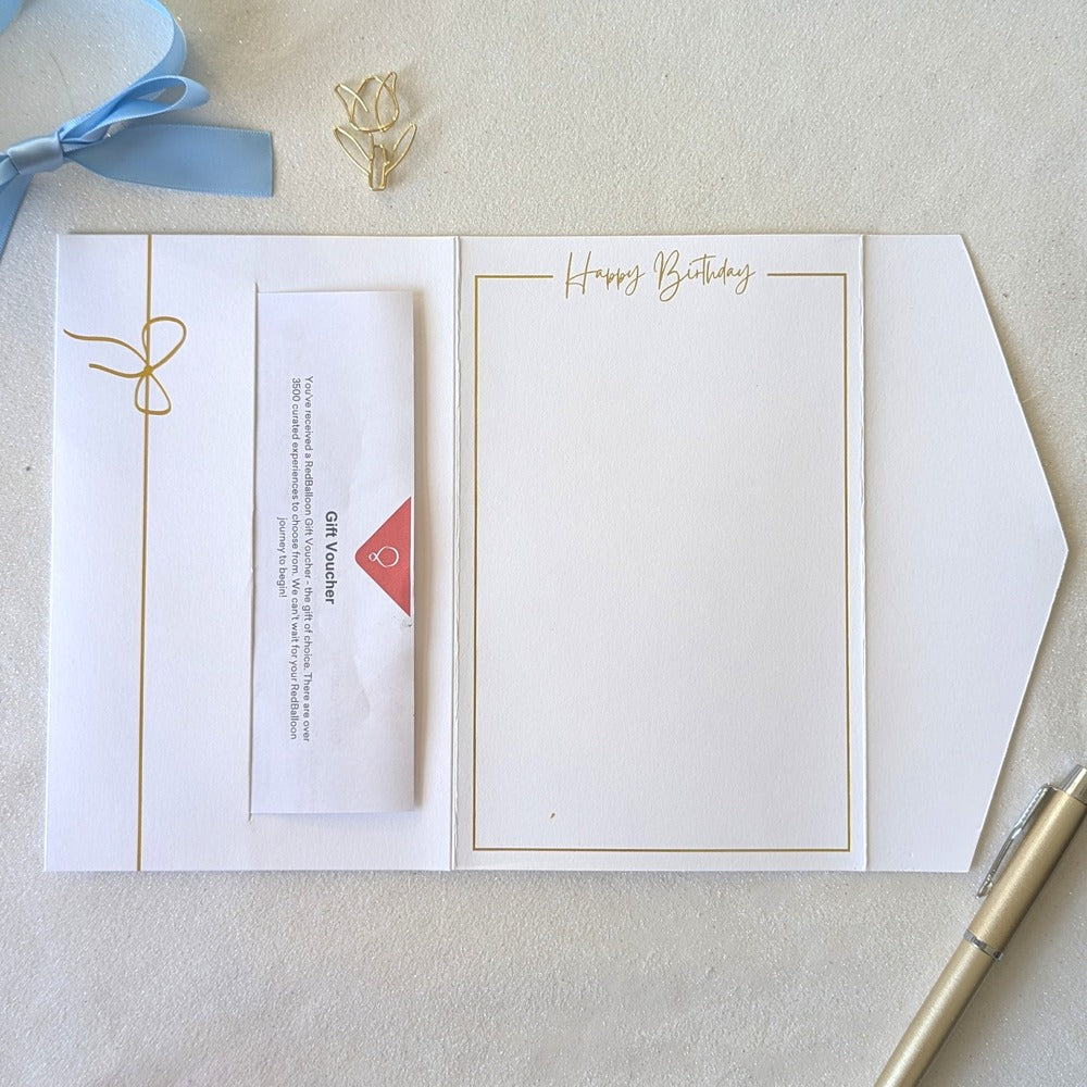 White birthday card with blue satin ribbon and gold foil with pocket for the gift voucher - Birthday gift envelope