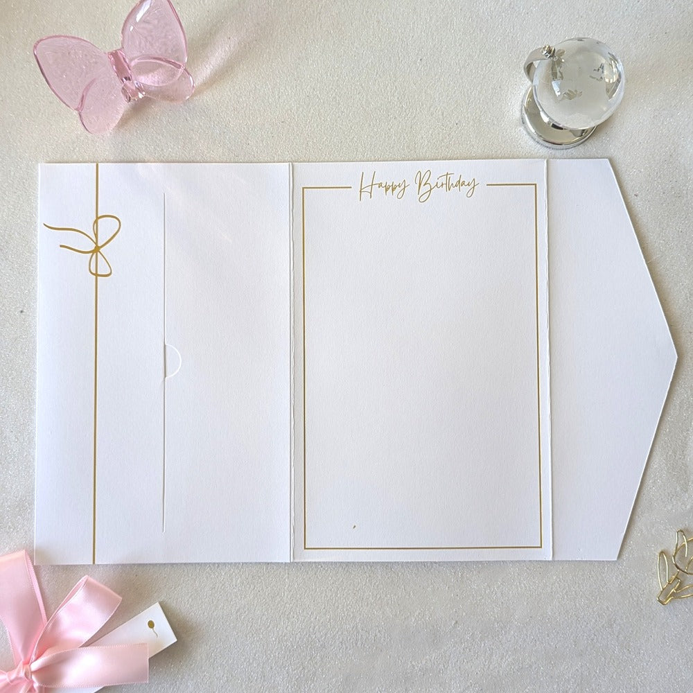 Luxury Birthday Cards for Her with pink ribbon and gift pocket. Birthday Money wallet