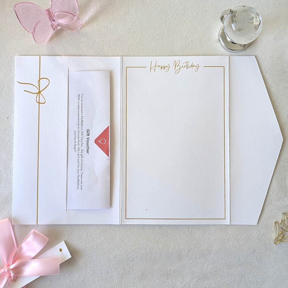 Luxury Birthday Cards for Her with pink ribbon and gift pocket. Birthday gift voucher wallet