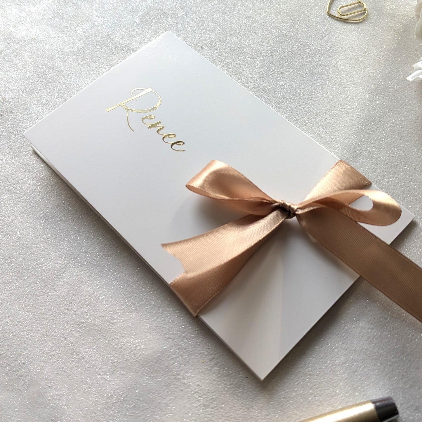 Personalised Anniversary Card Next day delivery with pocket for the voucher. Personalised with Renee in gold foil and gold ribbon