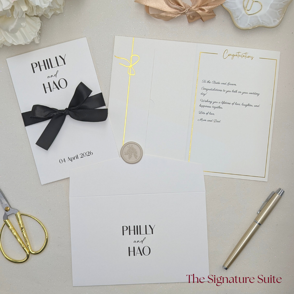 Personalised signature suite Wedding Card with Money Pocket with couples names and long date