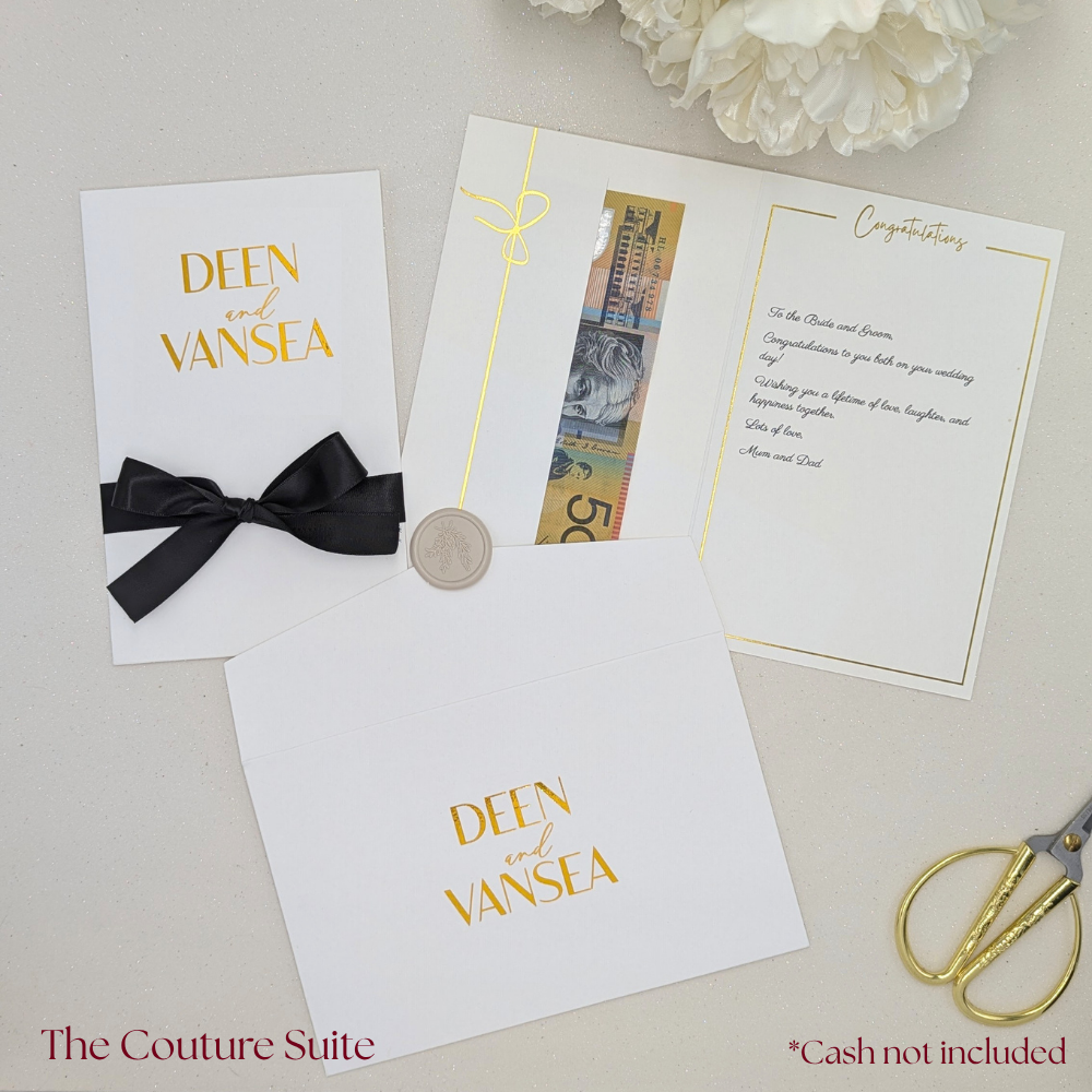 Personalised gold vinyl wedding money gift envelope wedding card with cash in the gift pocket