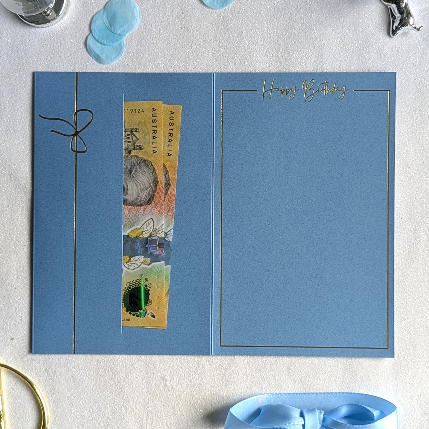 Blue Personalised Birthday money card with cash in the money pocket