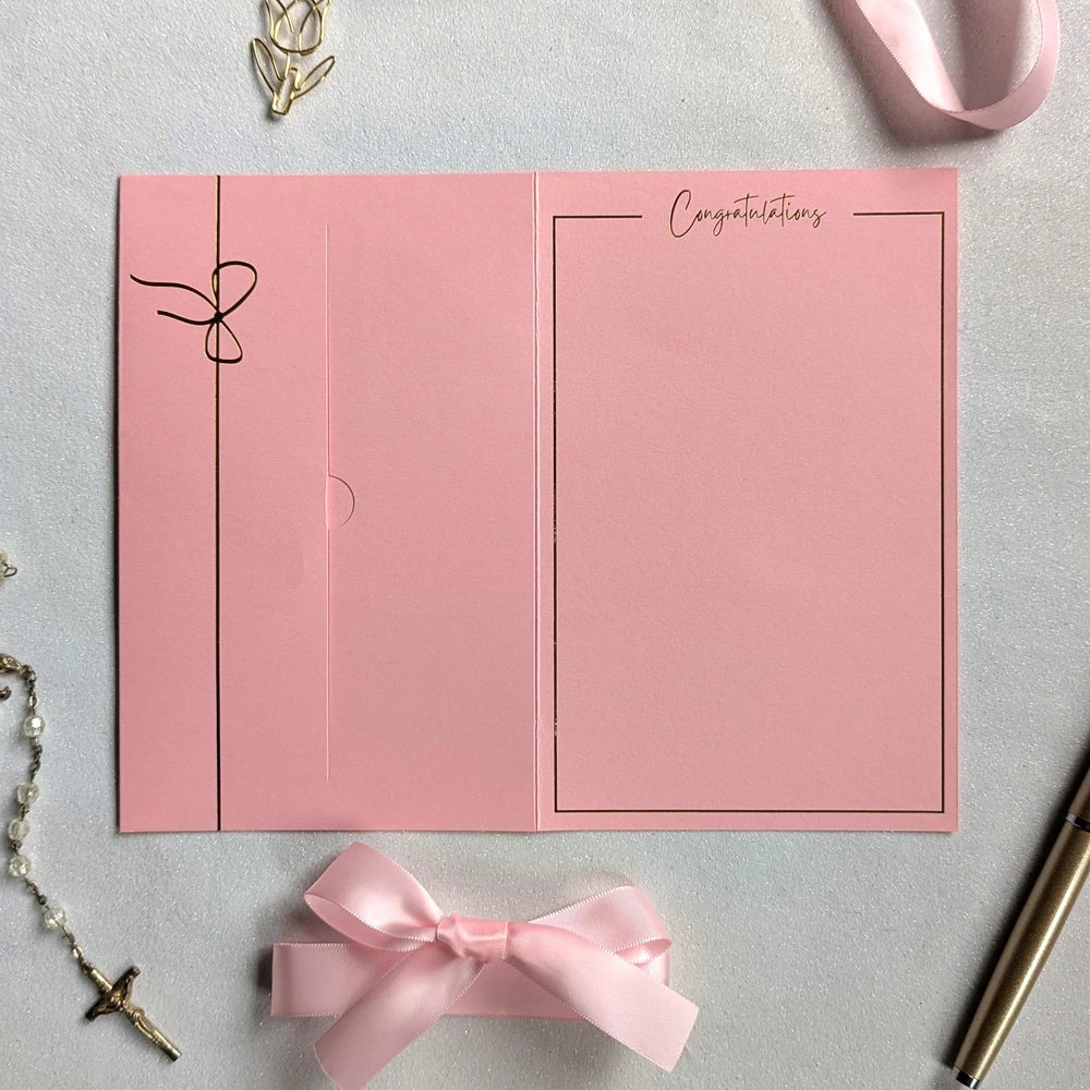 Inside of Pink bridal shower gift card holder for giving cash with an empty pocket for cash or gift card