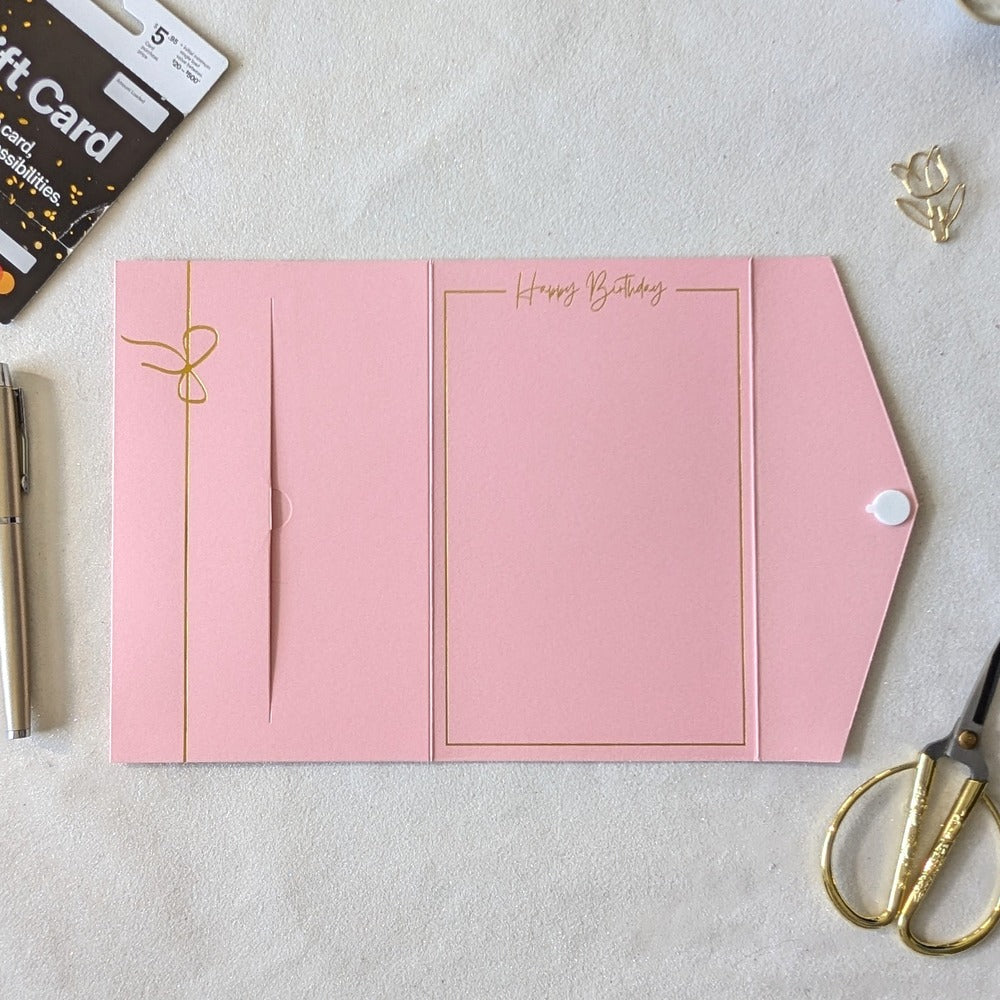 Inside of Pink Money Birthday Card with gold foil