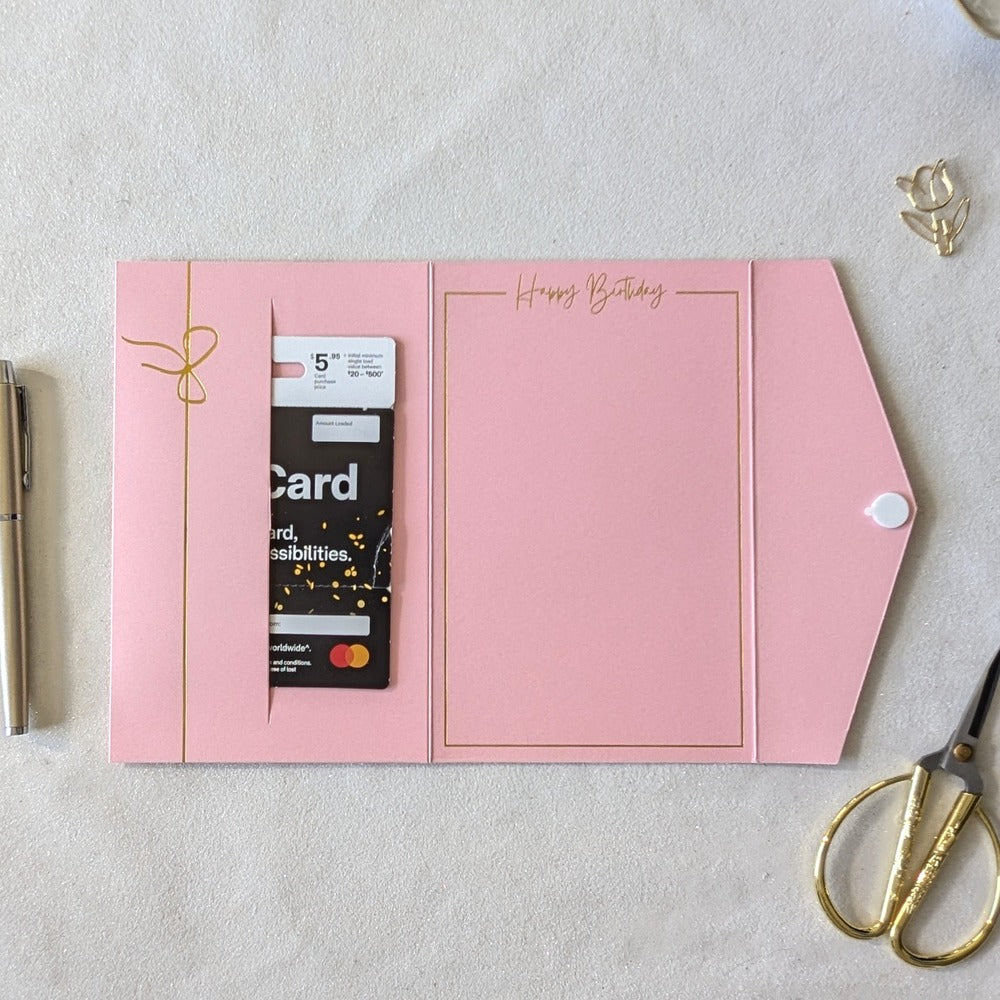 Inside of Pink Money Birthday Card with gift card in the pocket