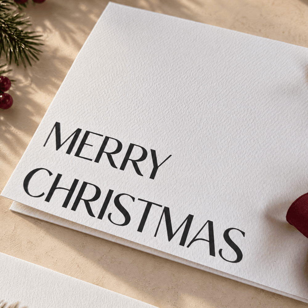 Close up of textured card with Merry Christmas printed in black ink