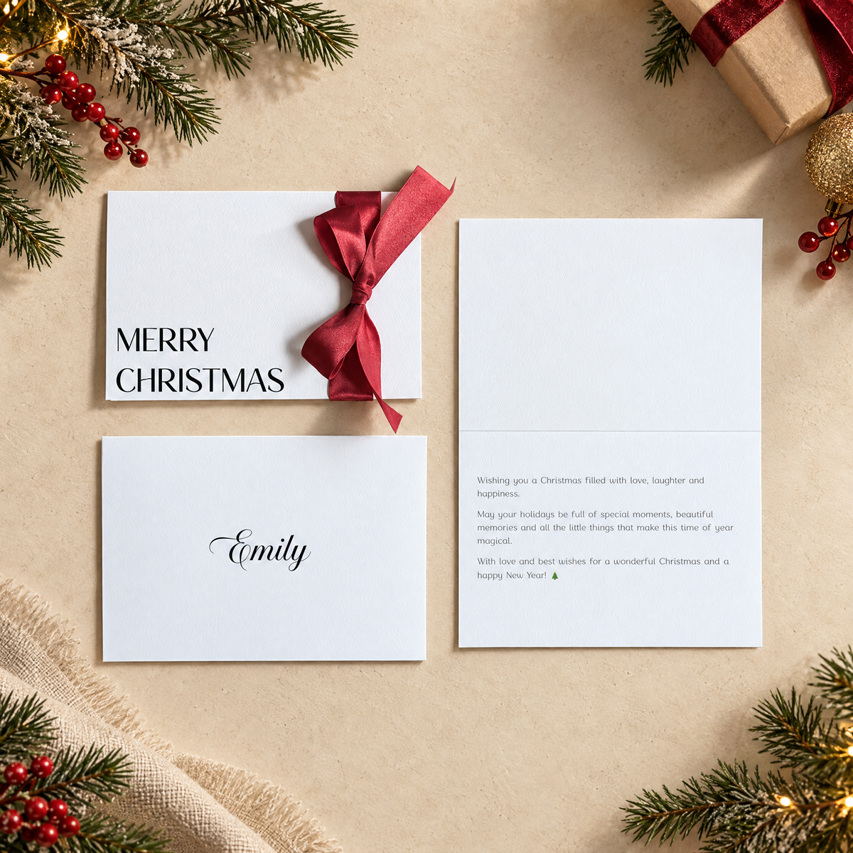 Signature Merry Christmas Card with Red Satin Ribbon