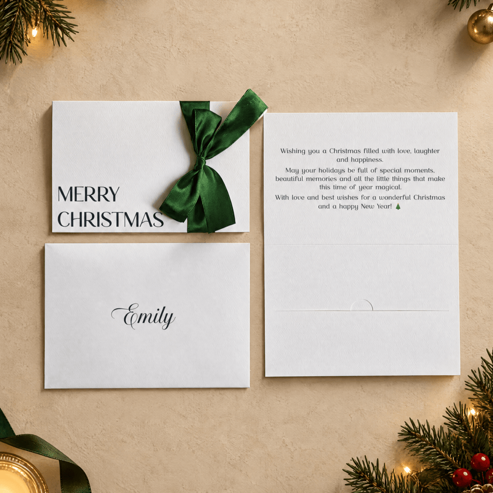christmas card with merry christmas printed in black ink and a green satin ribbon. Custom message printed inside the card and recipients name printed on the envelope. this card has a pocket for the gift card or voucher