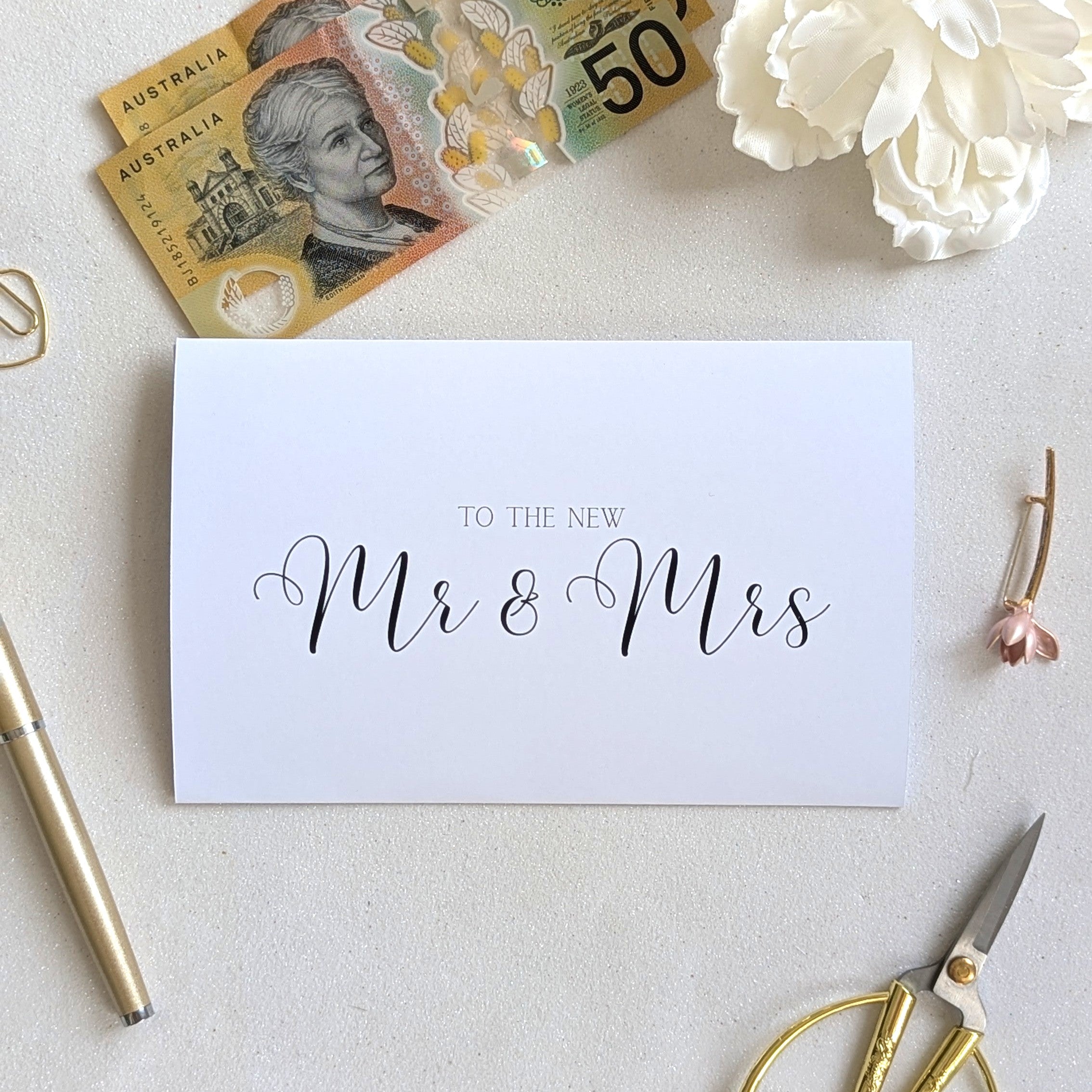 Wedding cash envelope with "To the new Mr & Mrs" printed on the front
