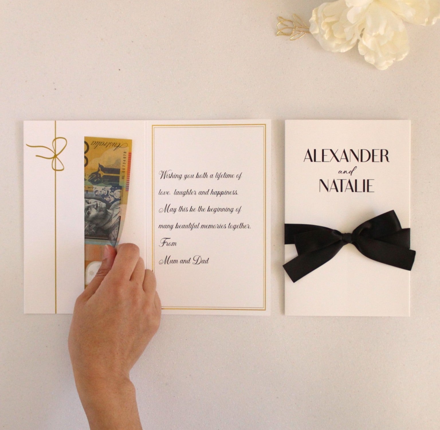 Personalised Wedding money wallet with cash in the card