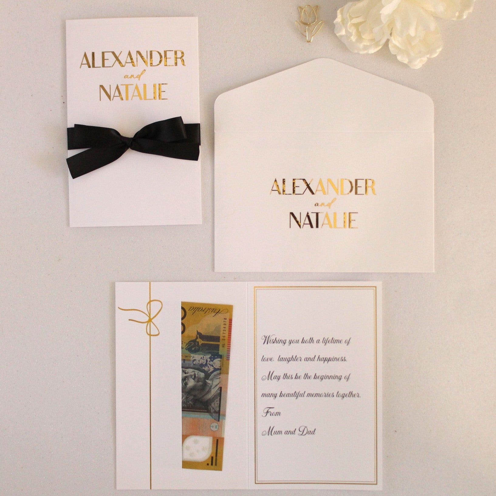Wedding money card with personalised gold vinyl names