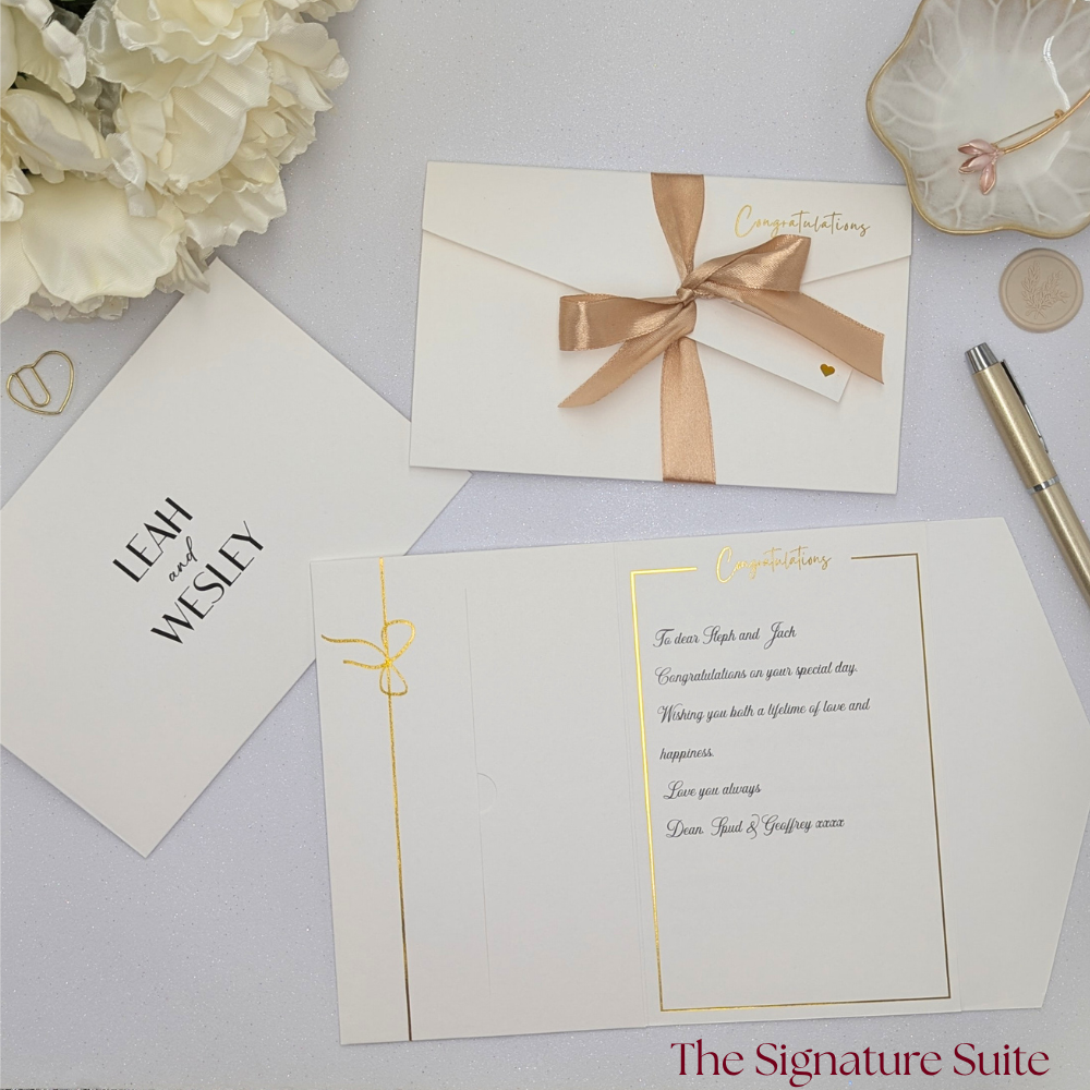 Wedding money envelope with gold satin ribbon the signature
