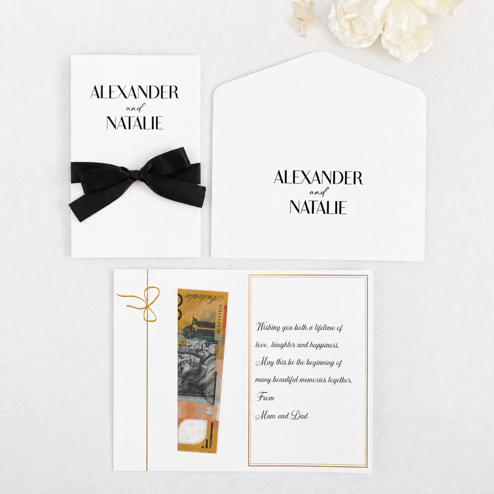 Persoanlised wedding money card with cash in the gift pocket and personalised with the bride and grooms names