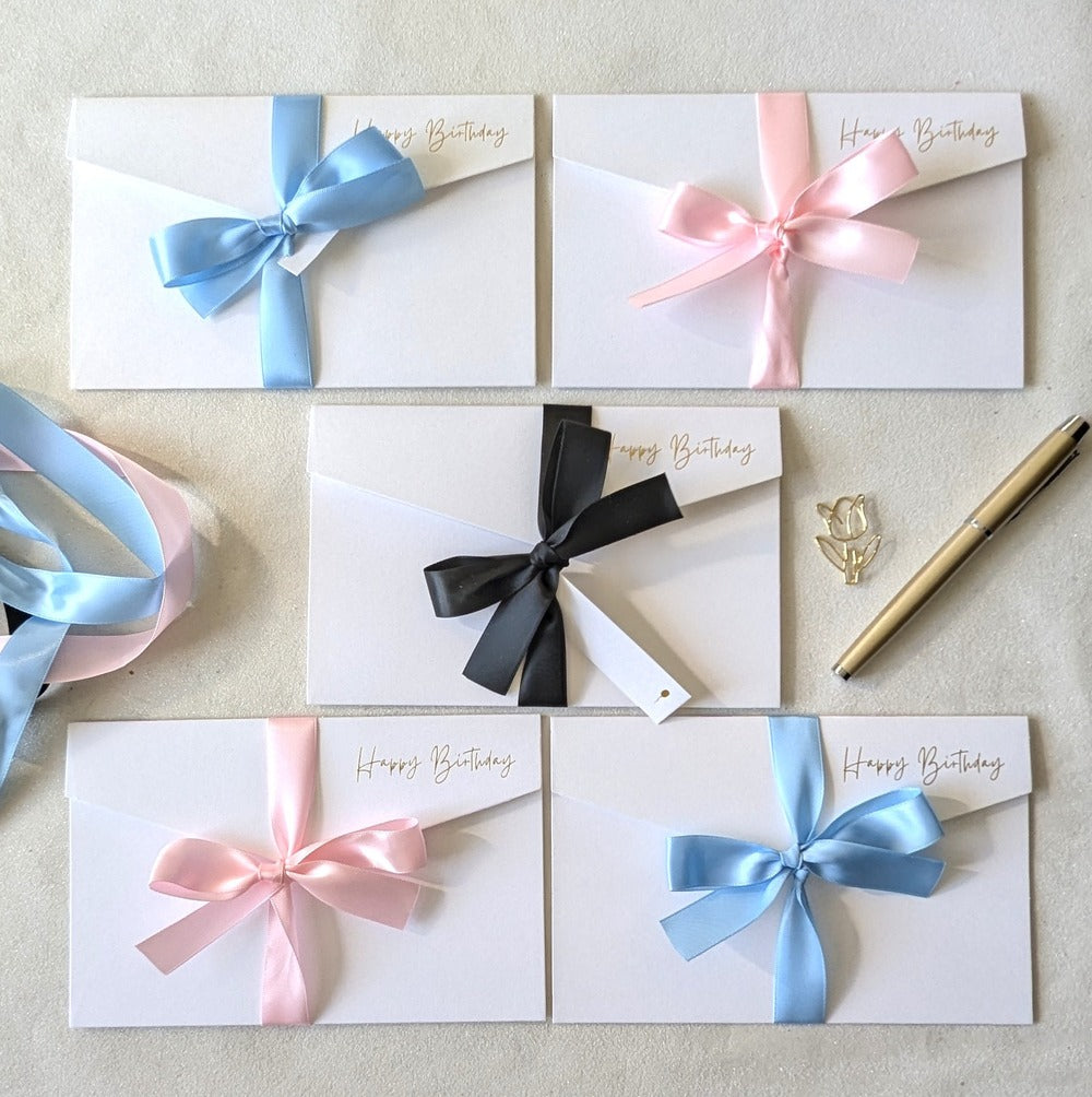 5 pack white birthday money envelopes with ribbons and tags
