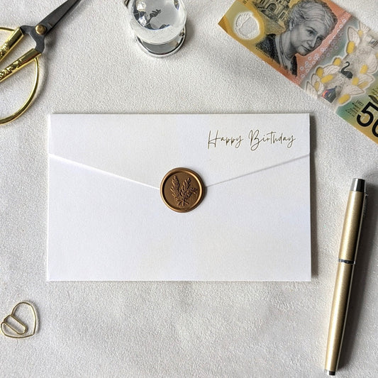 White happy birthday pocket greeting card with gold wax seal. next day birthday card