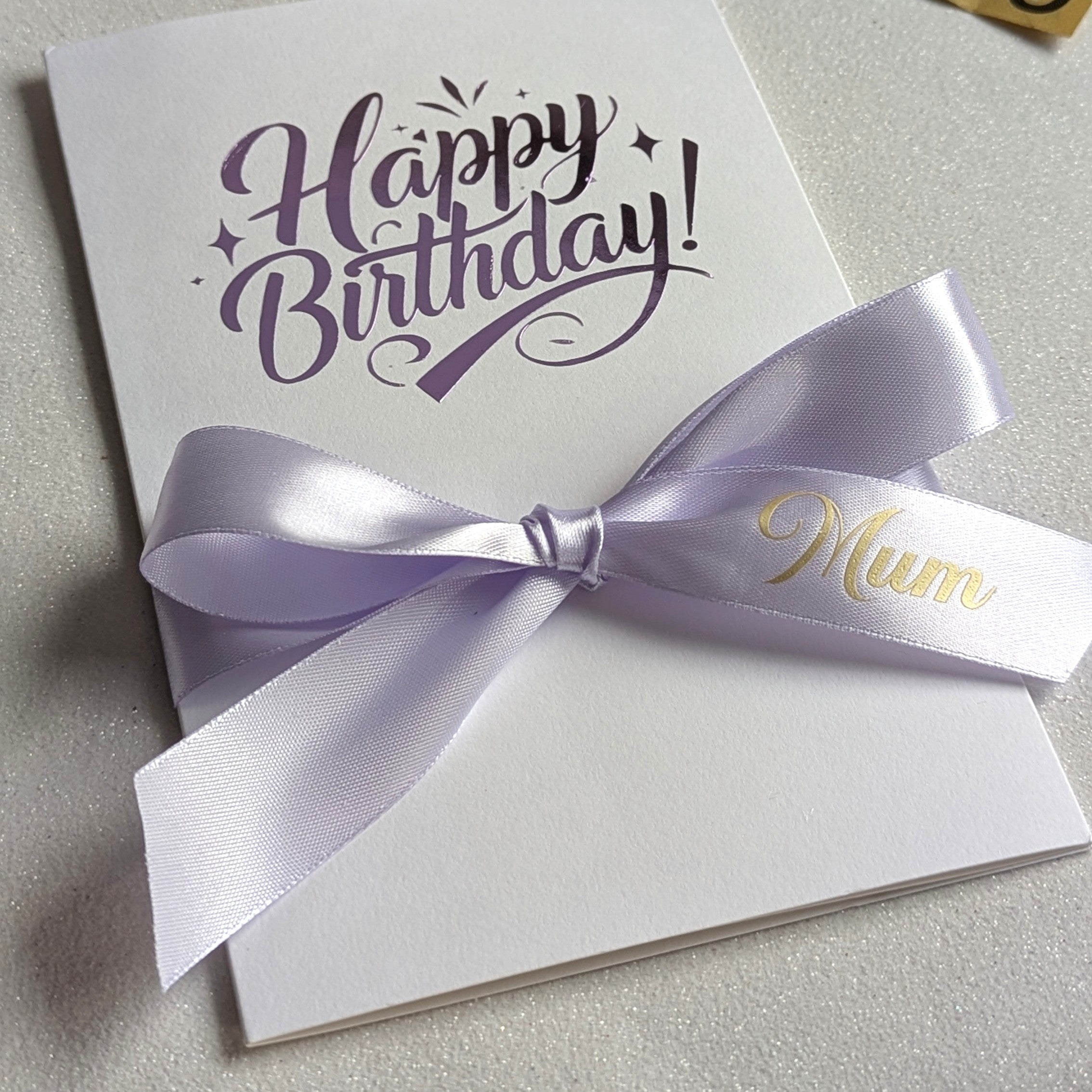 pocket Happy birthday money card for giving cash in purple vinyl with purple personalised ribbon with Mum on it