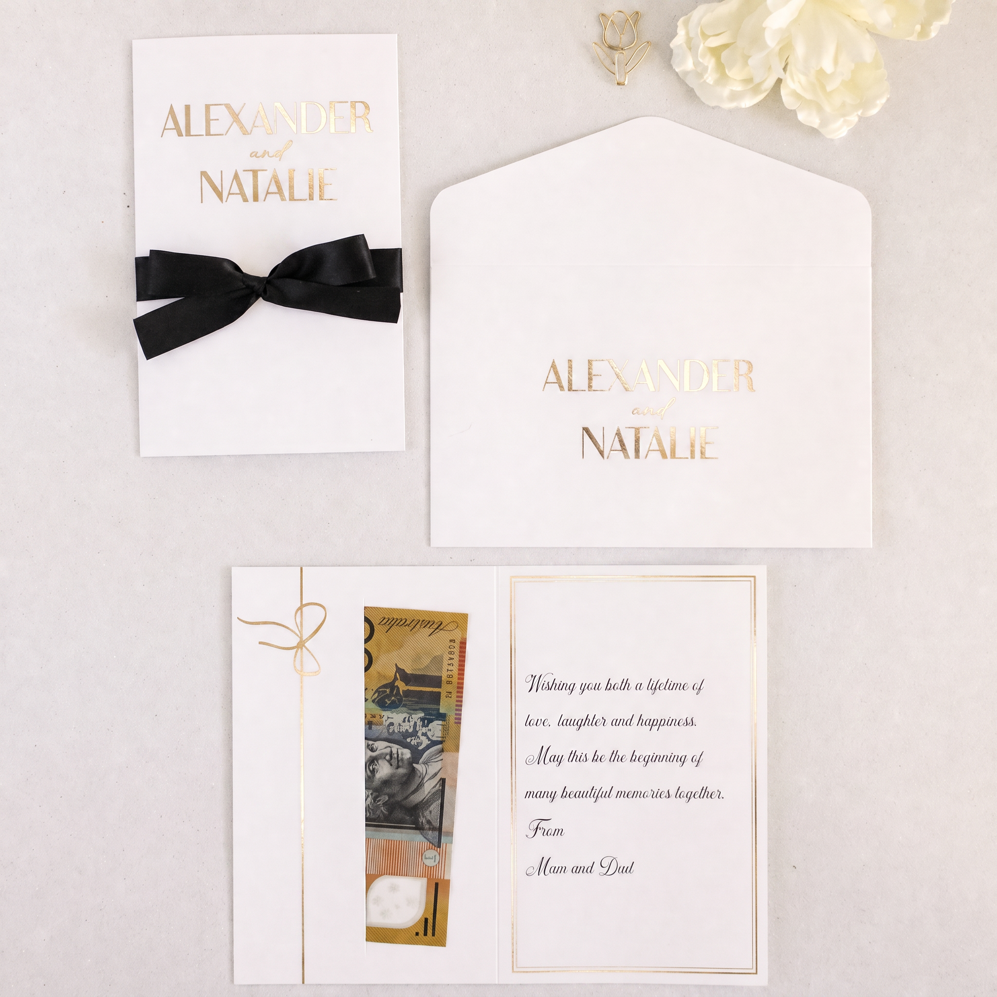 Personalised wedding money wallet with gold bride and grooms names
