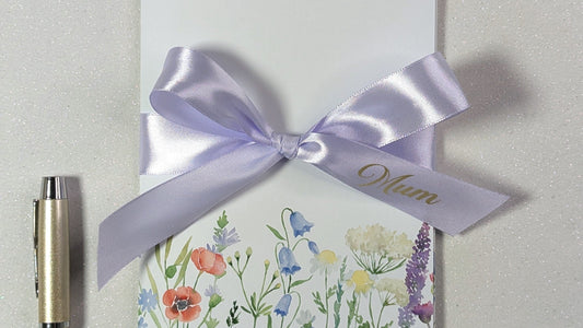 Purple Ribbon Personalised with 'Mum' on floral mothers day card for giving a gift voucher