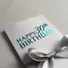 30th birthday money card with money pocket for giving cash or gift voucher or gift card. Happy 30th birthday in blue vinyl with silver ribbon