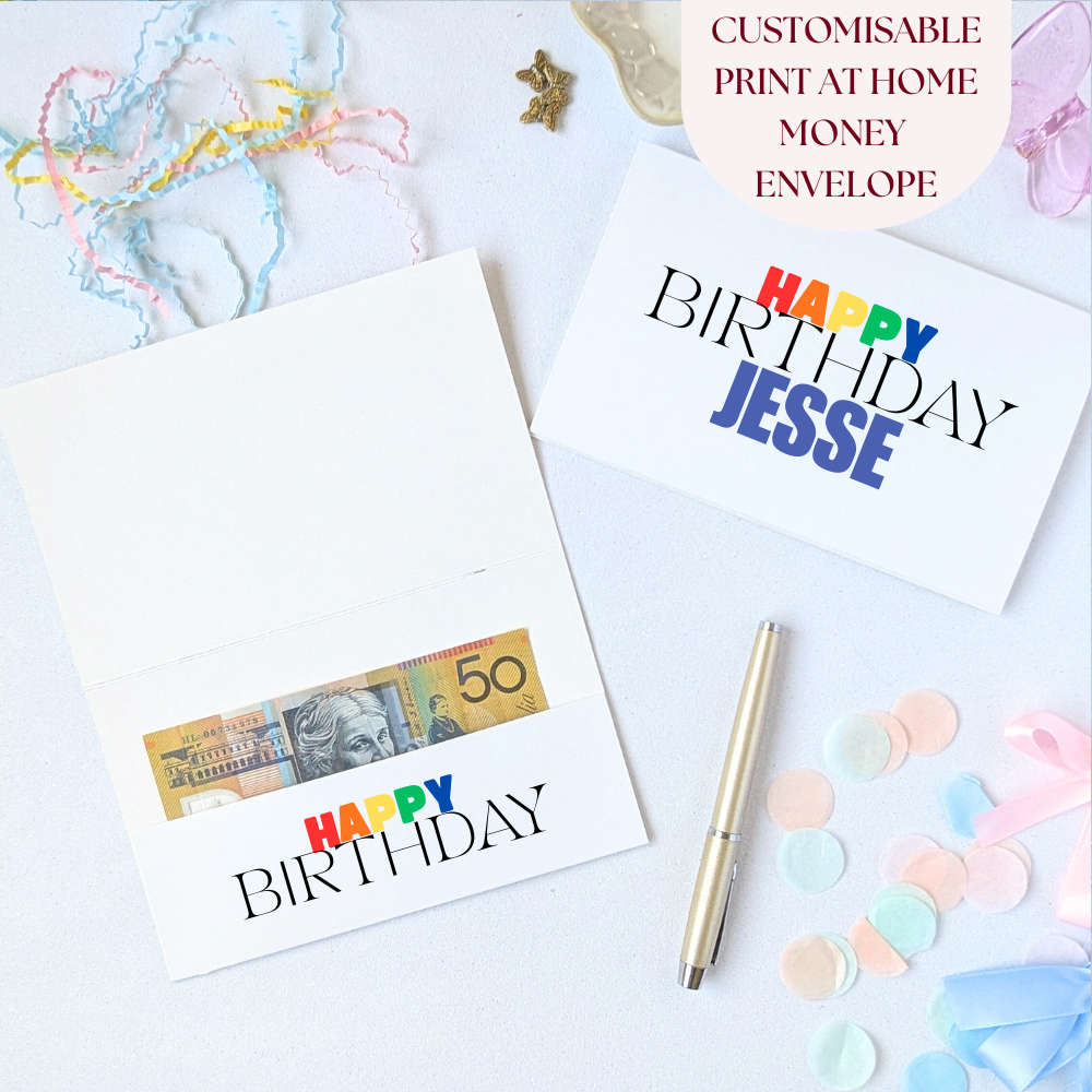 Printable Kids Colourful Minimalist Happy Birthday Money Envelope – Editable Cash & Gift Card Holder
