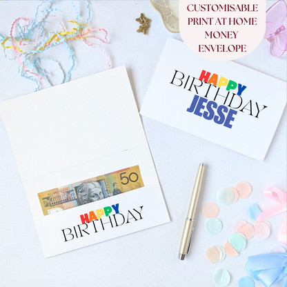 Printable Kids Colourful Minimalist Happy Birthday Money Envelope – Editable Cash & Gift Card Holder