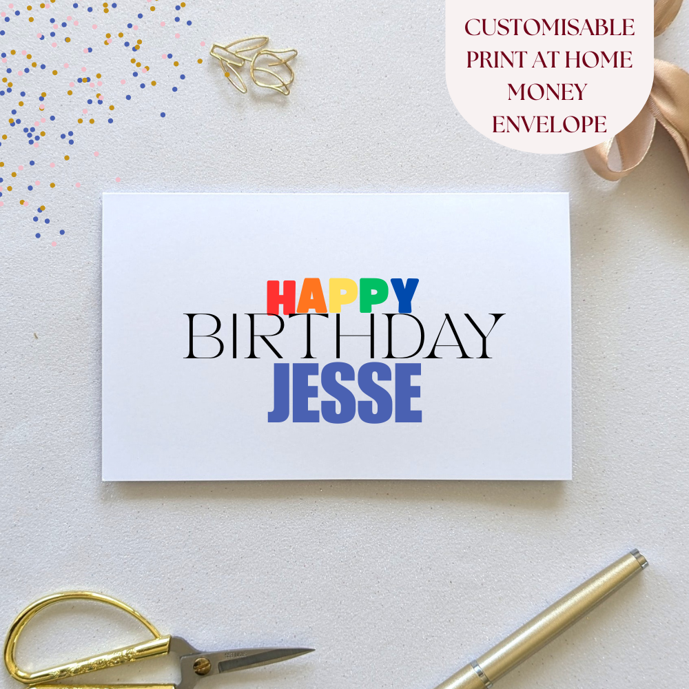 Printable Kids Colourful Minimalist Happy Birthday Money Envelope – Editable Cash & Gift Card Holder. Front of Card Happy Birthday Jesse