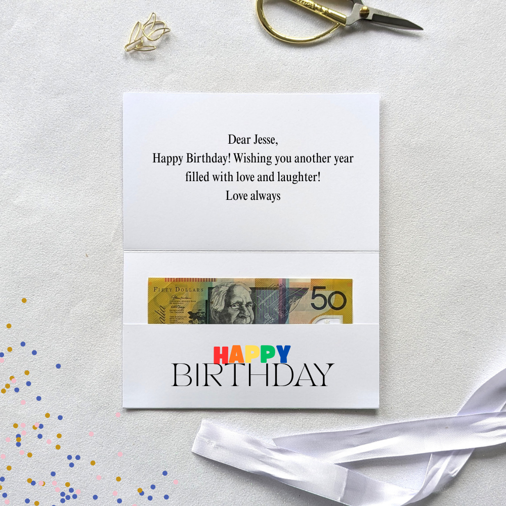 Printable Kids Colourful Minimalist Happy Birthday Money Envelope – Editable Cash & Gift Card Holder with cash in the gift pocket and message printed on the card