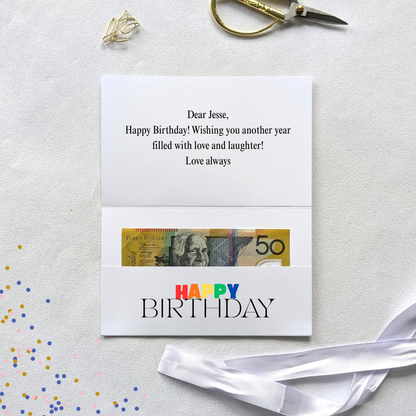 Printable Kids Colourful Minimalist Happy Birthday Money Envelope – Editable Cash & Gift Card Holder with cash in the gift pocket and message printed on the card