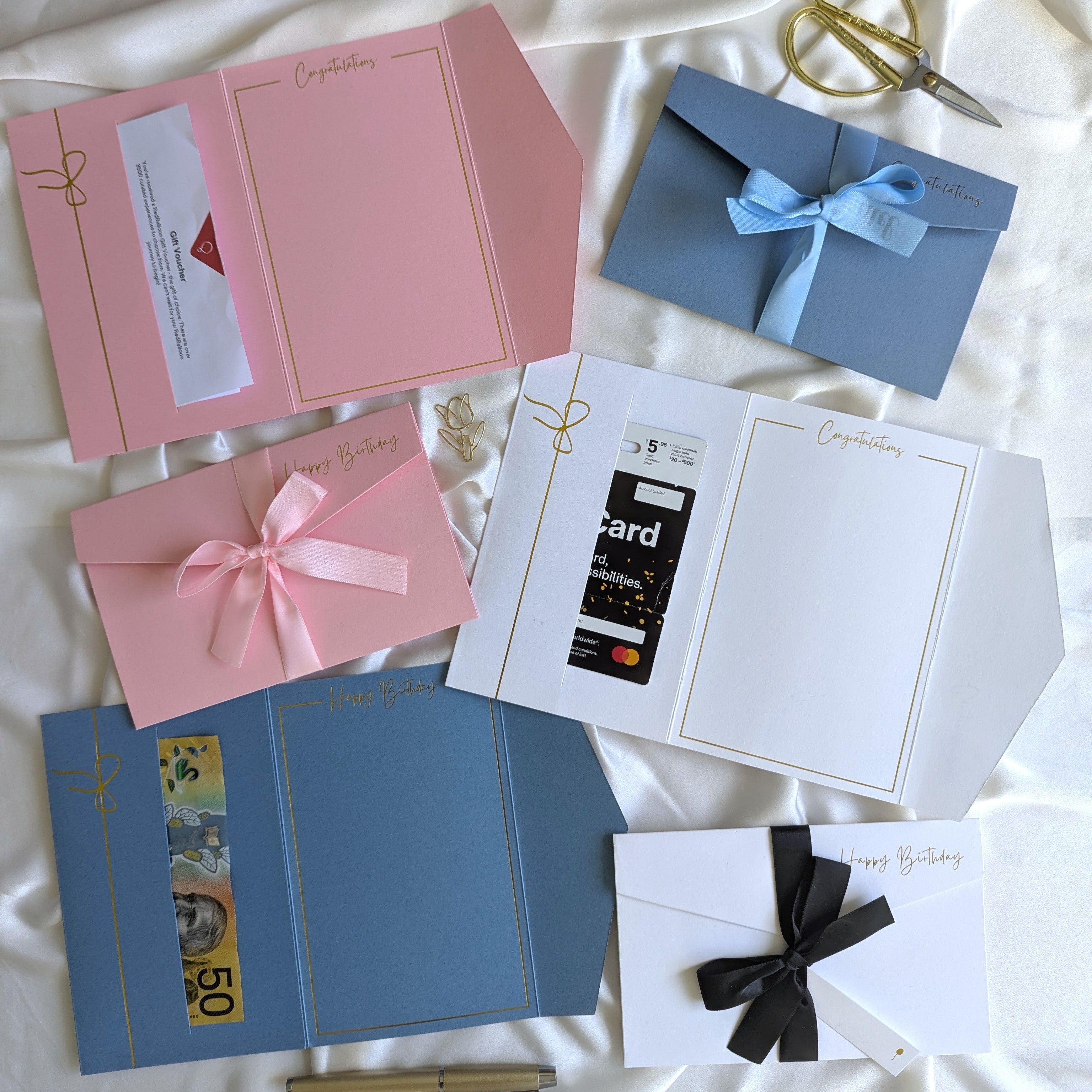 6 pack ribbon birthday and wedding greeting cards with money envelope Ready made bundle 