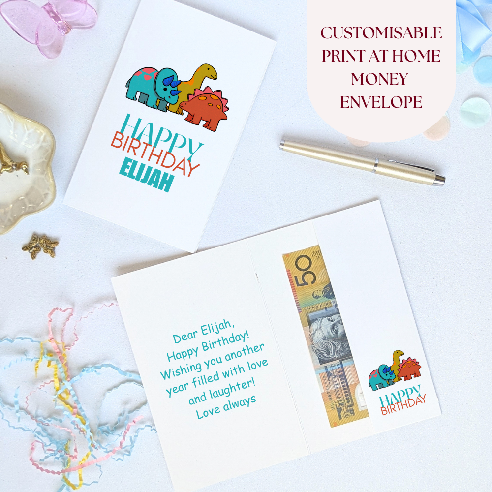 Printable Dinosaur Birthday Money Envelope – Editable Cash & Gift Card Holder