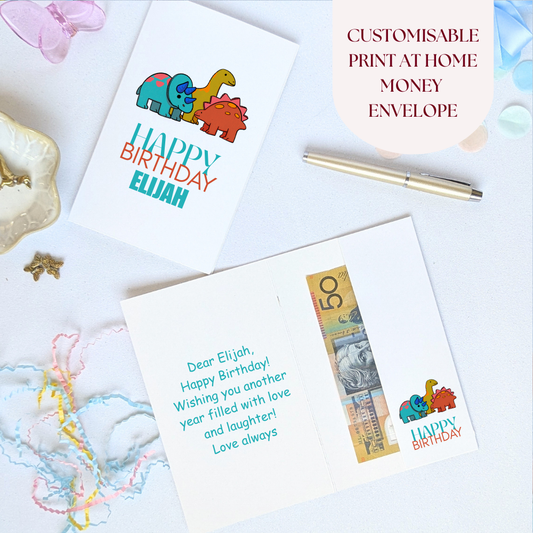 Printable Dinosaur Birthday Money Envelope – Editable Cash & Gift Card Holder