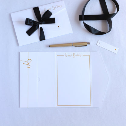 Beautiful white luxury pocket happy birthday card with black ribbon and white tag. Birthday Money Wallet for 18th 21st 30th 40th 50th 60th 70th 80th 90th 100th. Birthday money card, birthday money envelope