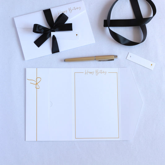 Beautiful white luxury pocket happy birthday card with black ribbon and white tag. Birthday Money Wallet for 18th 21st 30th 40th 50th 60th 70th 80th 90th 100th. Birthday money card, birthday money envelope