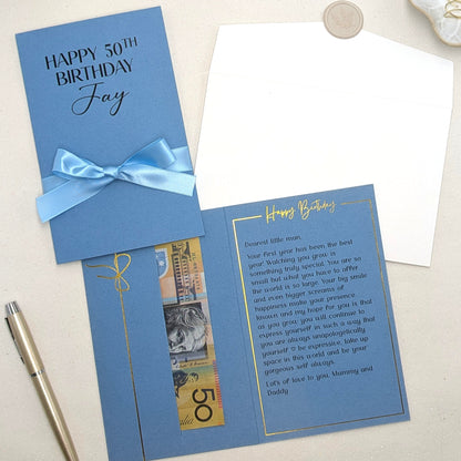 Personalised Blue 50th Birthday Money Envelope with blue satin ribbon with money in the gift pocket
